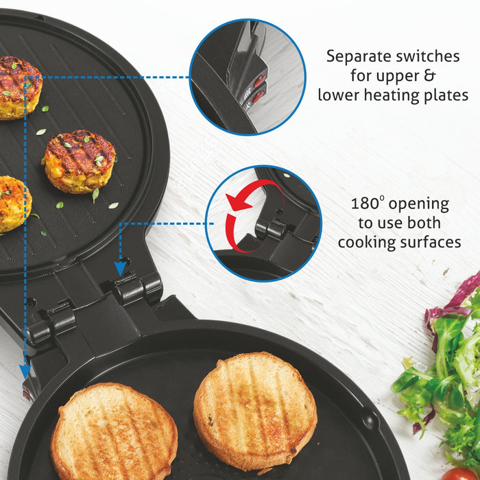 Electric Pizza Grill and Crepe Maker with 180-Degree Opening, Non-Stick Coating, 1200w - Silver (3033 PG)