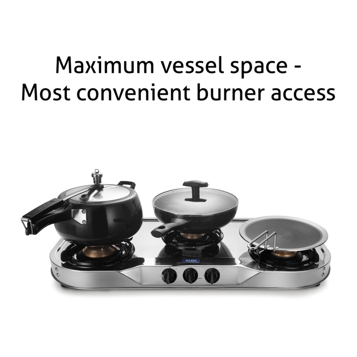 3 Burner  Stainless Steel Gas Stove with High Flame Brass Burner Extra Large Drip Tray (1035 XL HF BB DT)