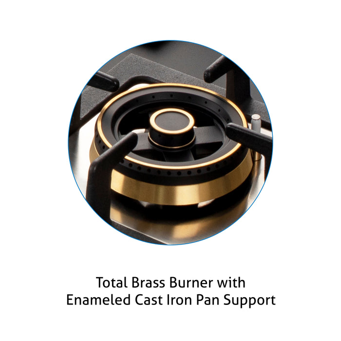 4 Burner Glass Gas Hob Top with Triple Ring, Total Double Ring Brass Burner (1094XLCIHTT2TRMG)