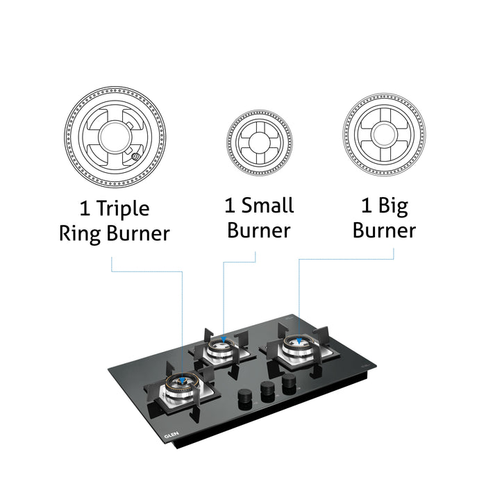 3 Burner Glass Hob Top Mini Triple Ring Burner Double Ring Forged Brass Burners Auto Ignition (1073SQHTMTR)