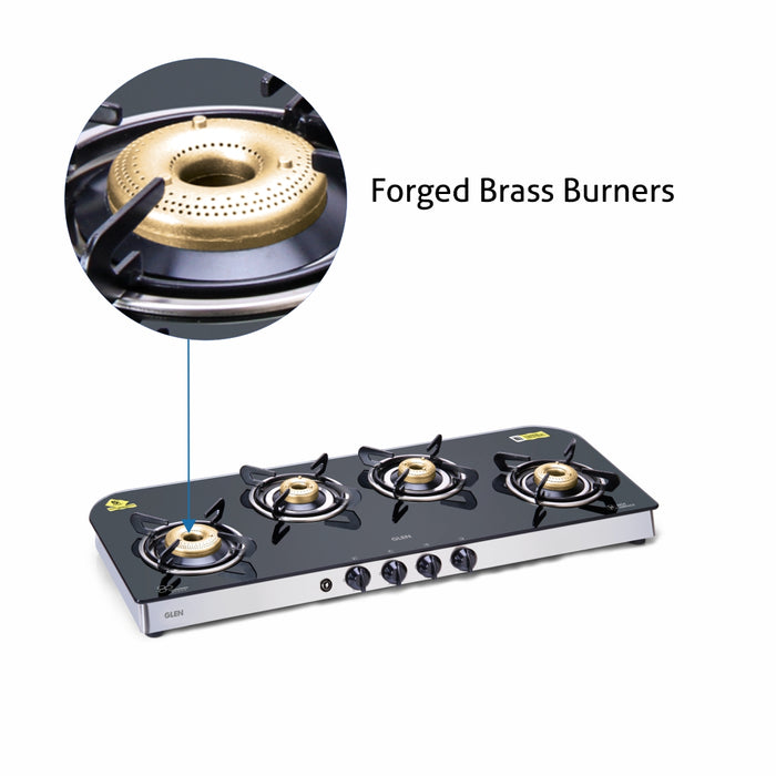 4 Burner Glass Gas Stove Extra Wide 1 High Flame 3 Forged Brass Burner Auto Ignition (1049 GT FB AI)