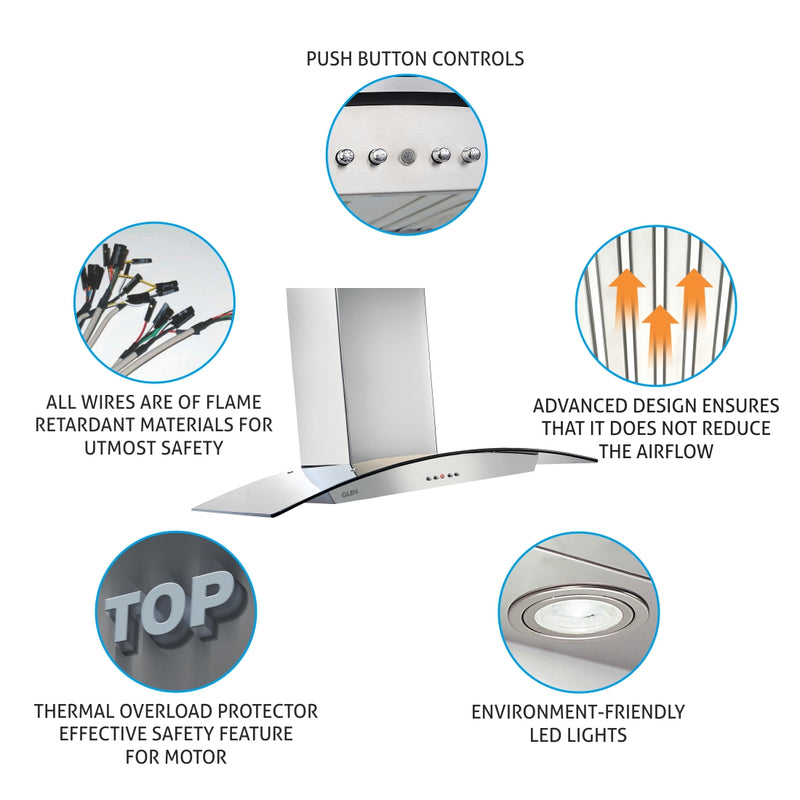 Kitchen Chimney Curved Glass, Push Buttons Baffle filter 90cm 1250 m3/h -Silver (6071 DX 90)