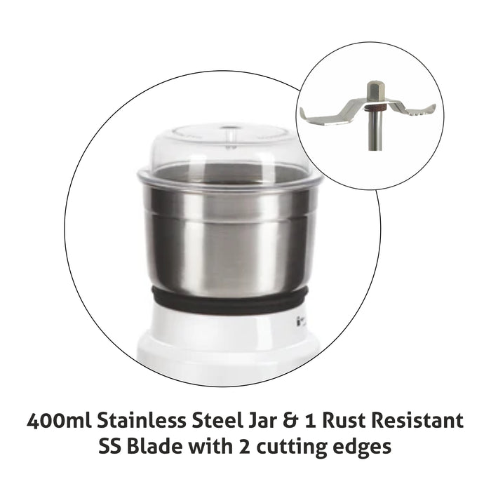 Electric Mini Grinder, 50gm SS Jar for Dry and Wet Grinding 350W - White (4045 NG)