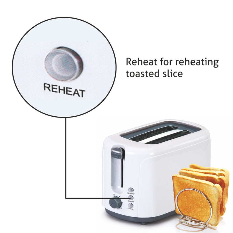 Electric Auto Pop-up 2 Slice Toaster, 750W, 6 Level Browning Control, Removable Crumb Tray - White (3019)