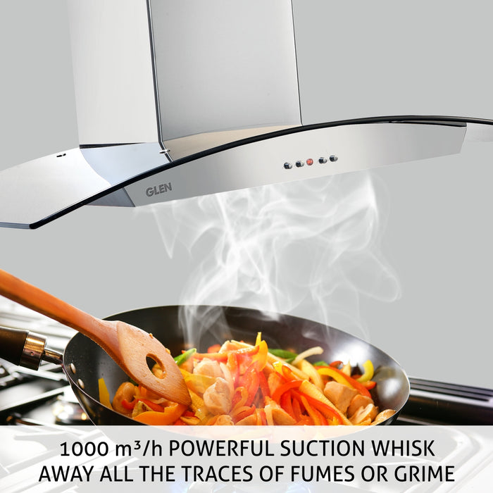 Kitchen Chimney Curved Glass Push Buttons Baffle filter 90cm 1000 m3/h -Silver (6071 SS)