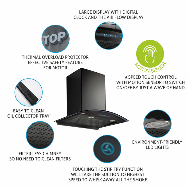 Auto Clean Curved Glass Chimney with Inverter Technology, BLDC Motor 1600 m³/h - 60/76/90cm (6067 AC BL)