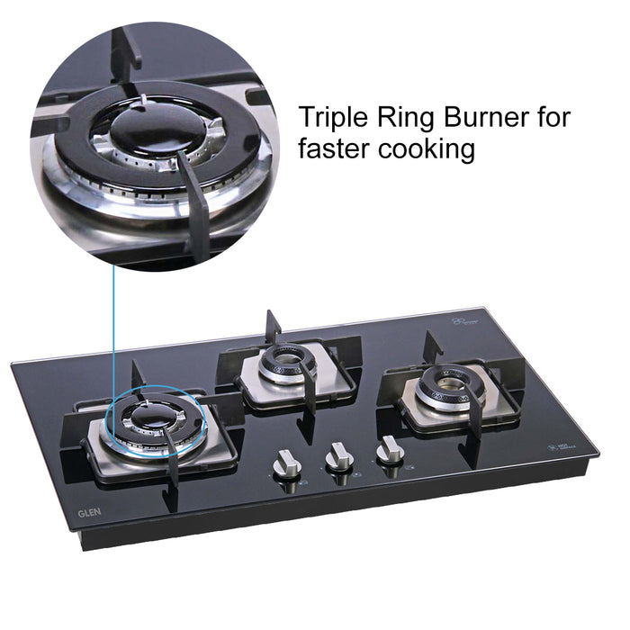 3 Burner Glass Hob Triple Ring Burner Italian Double Ring Burner Auto Ignition (1073 SQHTINTR)