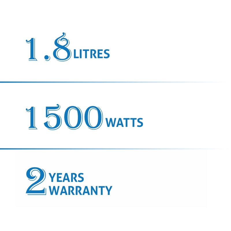 Electric Kettle 1.8 Litre Plastic Clad Stainless Steel, 360° Rotation Base, Auto Shutoff, 1500 W - White (9005)