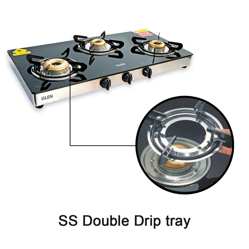 3 Burner Glass Gas Stove High Flame Forged Brass Burner XL Double Drip Tray (CT1033GTXLFBDD) - Manual/Auto Ignition