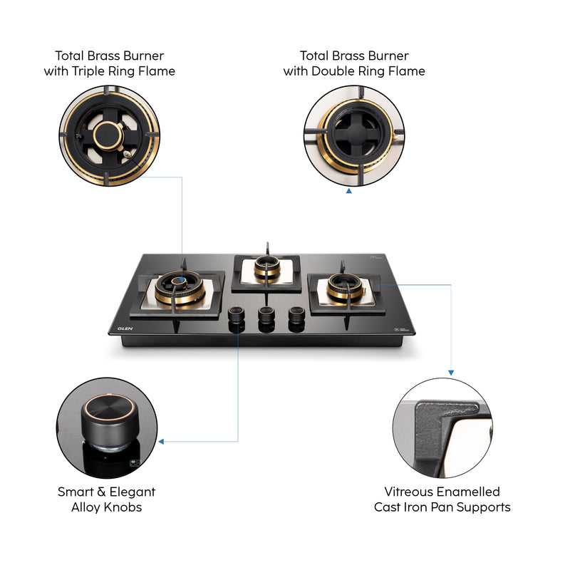 3 Burner Glass Gas Hob Top with Triple Ring, Total Double Ring Brass Burner (1073CIHTTDBTR)
