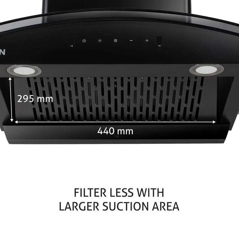 Auto Clean Chimney Curved Glass Filterless with Motion Sensor, 60/76/90cm 1200 m³/h -Black (6080 BL MS AC)