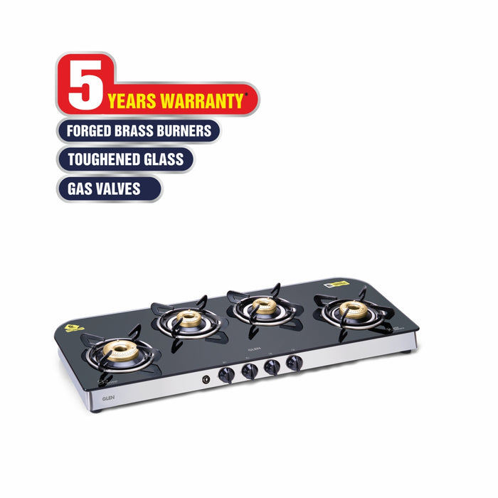 4 Burner Glass Gas Stove Extra Wide 1 High Flame 3 Forged Brass Burner Auto Ignition (1049 GT FB AI)