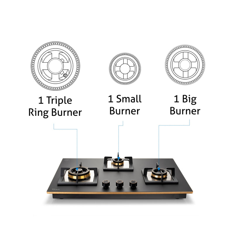 3 Burner Glass Hob Top Triple Ring Burner Total Brass Burners Auto Ignition (1073XLCIHTTTRMG)