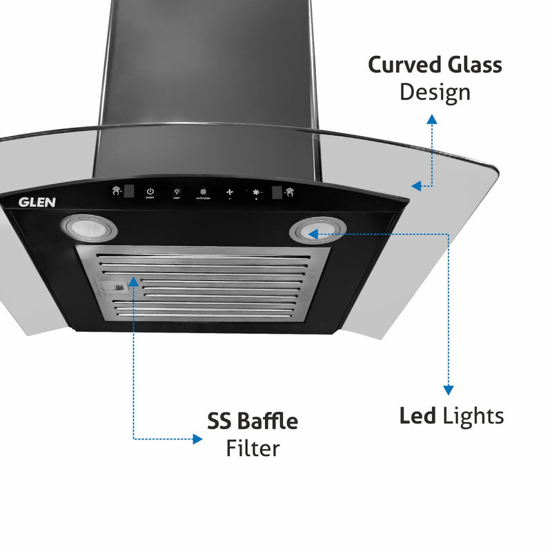 Auto Clean Chimney Curved Glass Baffle Filters with Motion Sensor 60/90cm 1200 m³/h - Black (6063 BL)