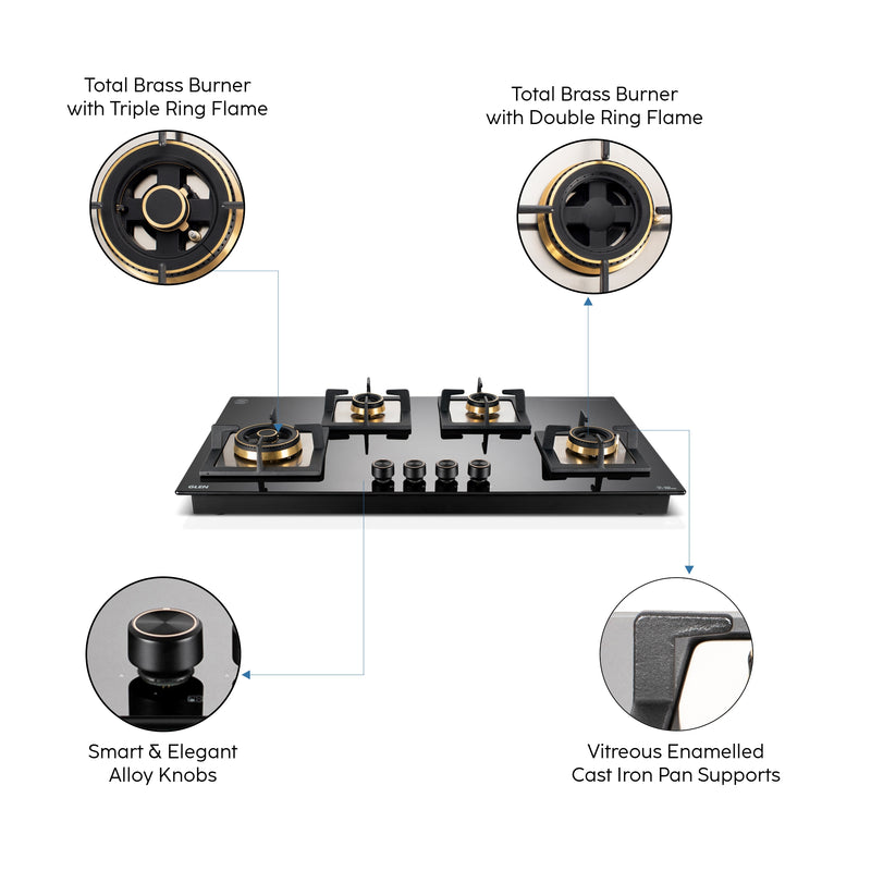 4 Burner Glass Gas Hob Top with Triple Ring, Total Double Ring Brass Burner (1094XLCIHTTDBTR)