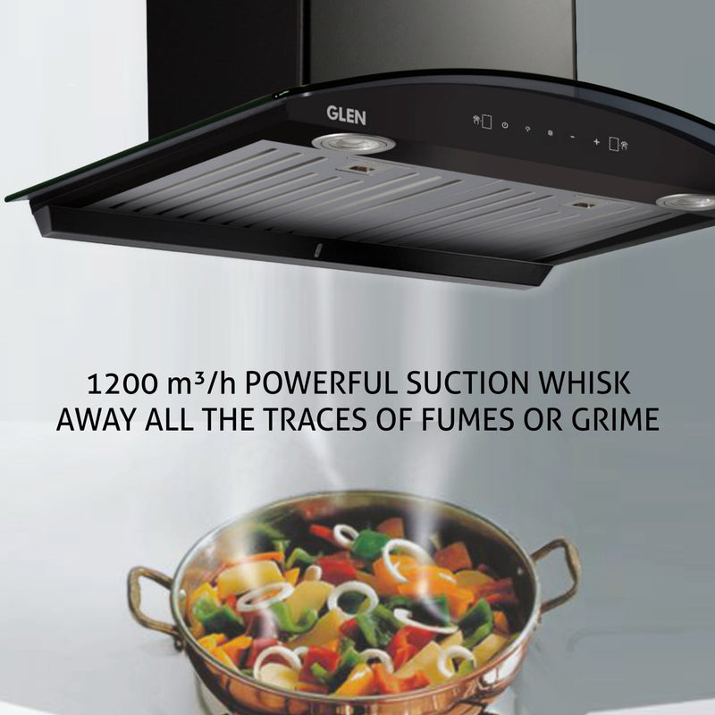 Auto Clean Curved Glass Kitchen Chimney, Baffle Filters, Motion Sensor 1200 m3/h 60cm - Black (6066 MS AC BL)