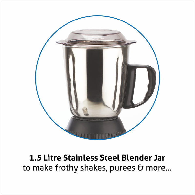 Mixer Grinder 750W 100% Copper Motor, 1 Transparent Jar, 3 Stainless Steel Jars, - Silver (4022 PLAT PLUS)