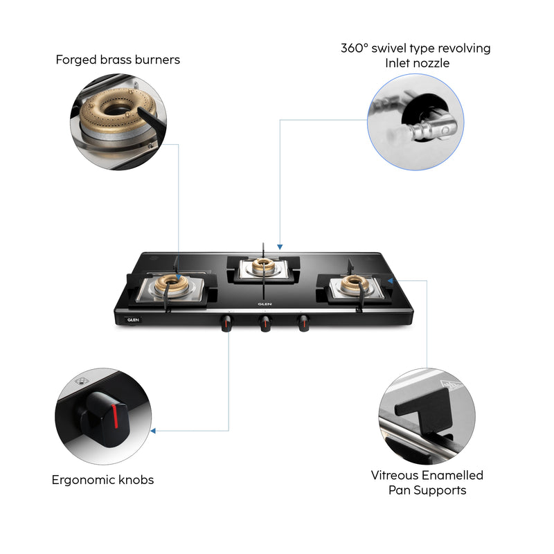 3 Burner Ultra Slim Mirror Glass Gas Stove with High Flame Forged Brass Burner - Manual / Auto Ignition (CT1035USMI)
