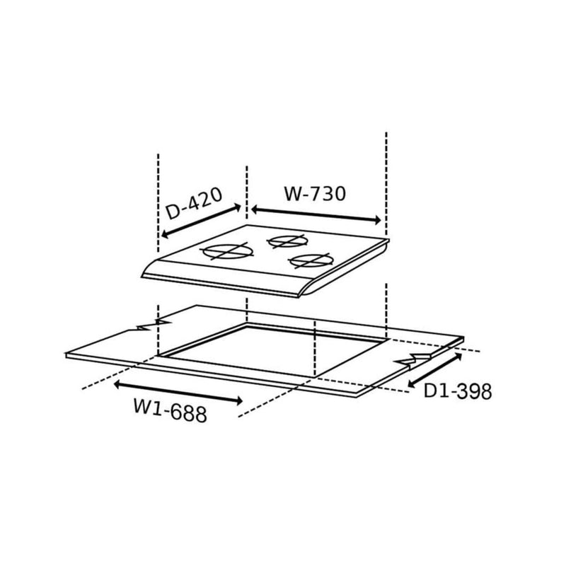 3 Burner Built in Glass Hob Triple Ring Burner Italian Double Ring Burner Auto Ignition (1073 SQ IN TR)