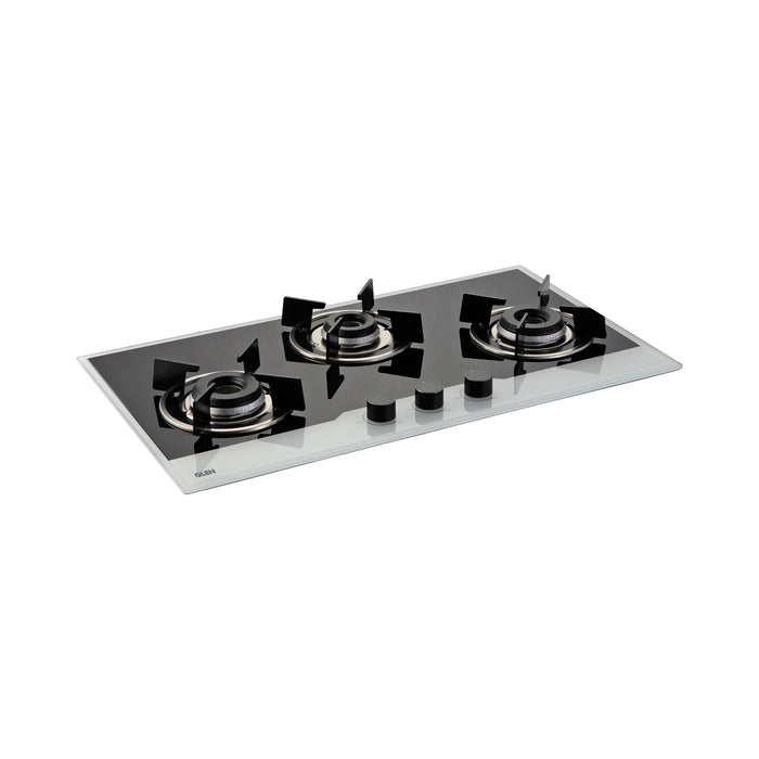 3 Burner Built In Glass Hob with Italian Double Ring Burners Auto Ignition (1073 IN BW)
