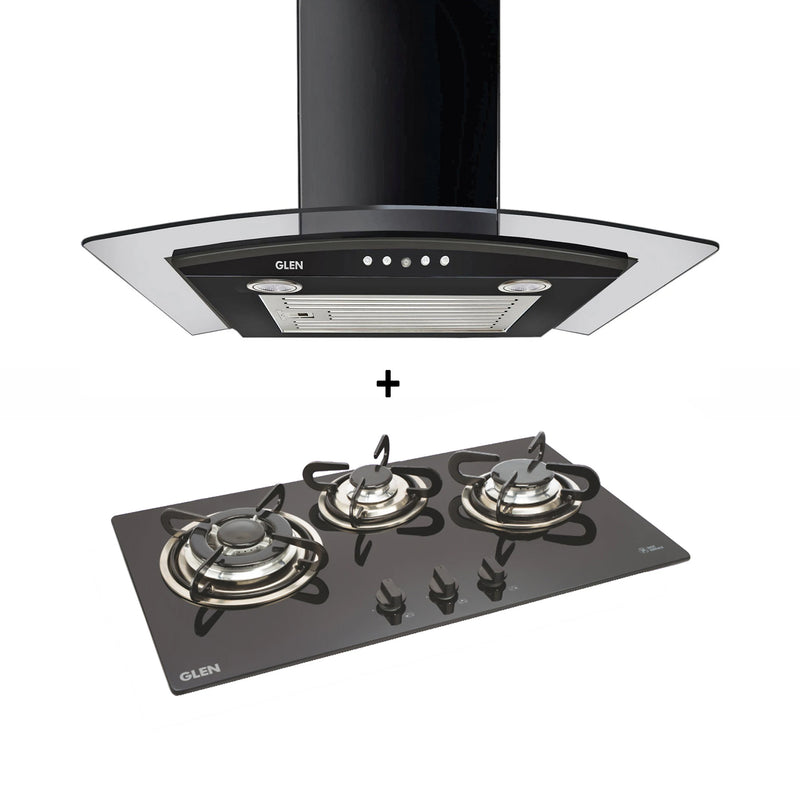 3 Burner Built in Glass Hob (1073 TR) + Chimney 60cm Baffle Filter 1000m3h (6070 JU BL)