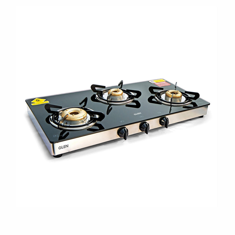 3 Burner Glass Gas Stove High Flame Forged Brass Burner XL Double Drip Tray (CT1033GTXLFBDD) - Manual/Auto Ignition