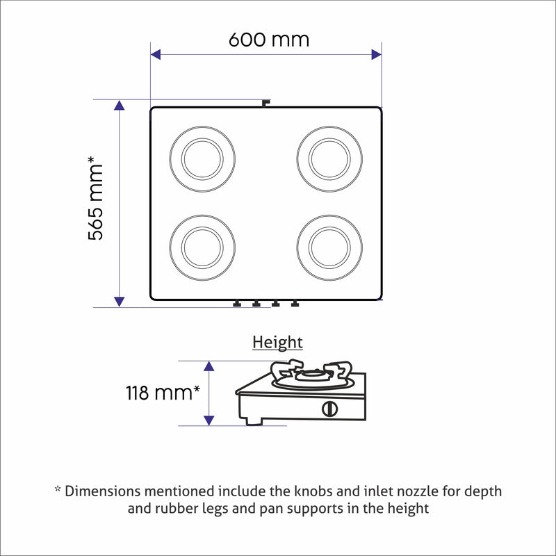 4 Burner Glass Gas Stove 1 High Flame 3 Forged Brass Burners 60 CM (CT1042GTFB) - Manual/Auto Ignition