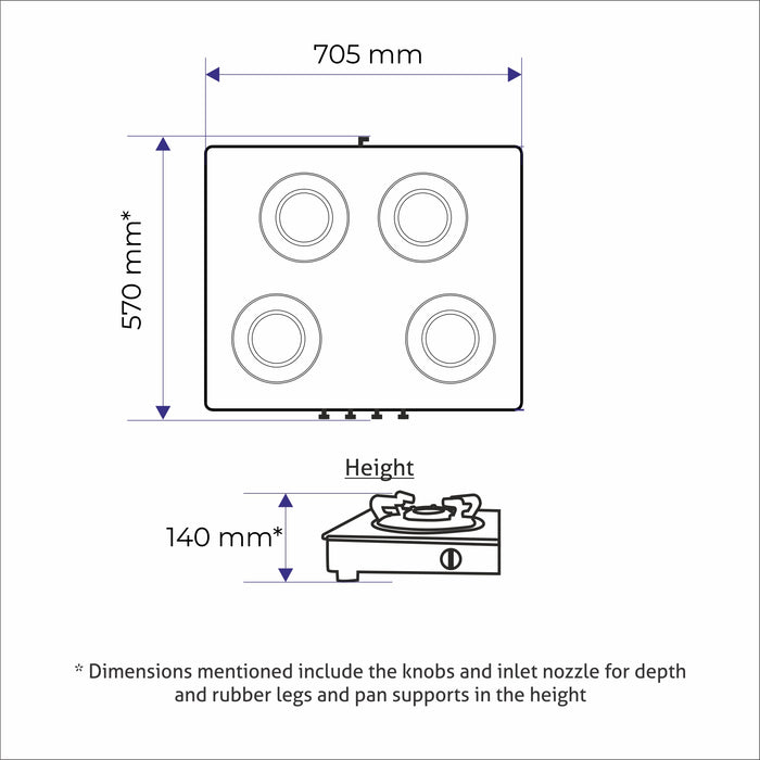 4 Burner Glass Gas Stove 1 High Flame 3 Forged Brass Burner Auto Ignition 70 CM (1048 GT SQFBAI)