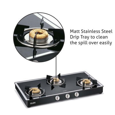 3 Burner Mirror Finish Glass Gas Stove with High Flame Forged Brass Burner Black (CT1038GTFBMBL) - Manual/Auto Ignition