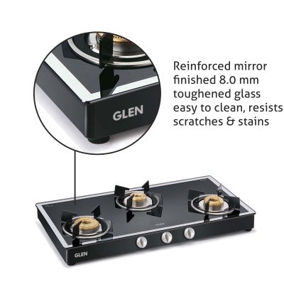 3 Burner Mirror Finish Glass Gas Stove with High Flame Forged Brass Burner Black (CT1038GTFBMBL) - Manual/Auto Ignition