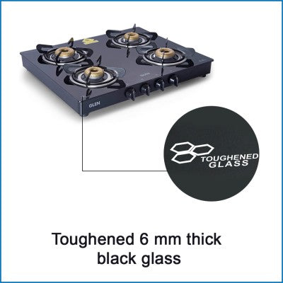4 Burner Glass Gas Stove with Forged Brass Burner 60 CM Black (1041 GT FB BL)
