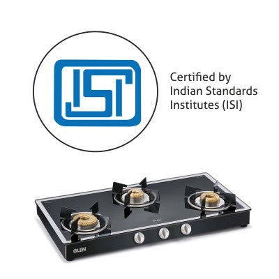 3 Burner Mirror Finish Glass Gas Stove with High Flame Forged Brass Burner Black (CT1038GTFBMBL) - Manual/Auto Ignition
