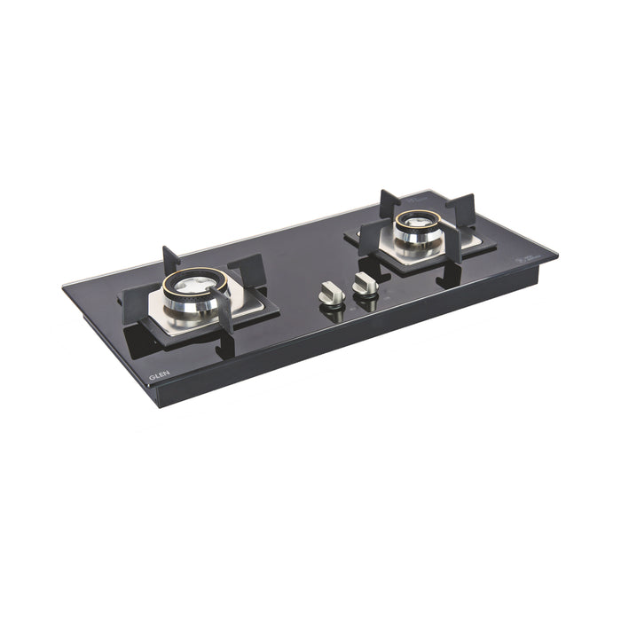2 Burner Glass Hob Top with with Double Ring Forged Brass Burners Auto Ignition Black (66)