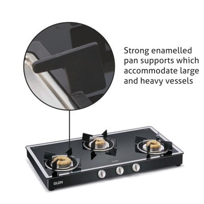 3 Burner Mirror Finish Glass Gas Stove with High Flame Forged Brass Burner Black (CT1038GTFBMBL) - Manual/Auto Ignition