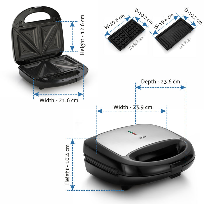 Electric Multi Snack Maker with 3 sets of Sandwich, Grill & Waffle Non-Stick Plates, 750w - Black (3022 MSM)