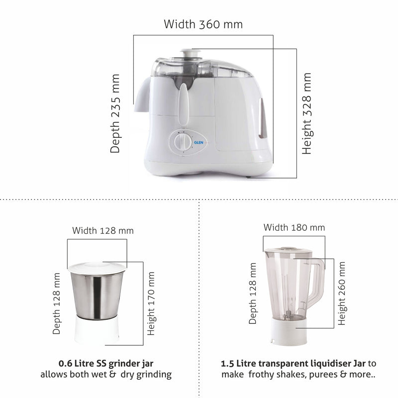 Juicer Mixer Grinder 500W with 1 Transparent Liquidizer, 1 Stainless Steel Grinder Jar - White (4011)