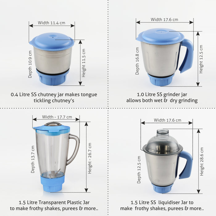 Mixer Grinder 750W with 1 Transparent Jar 3 Stainless Steel Jars - White & Blue (4023 PLUS)