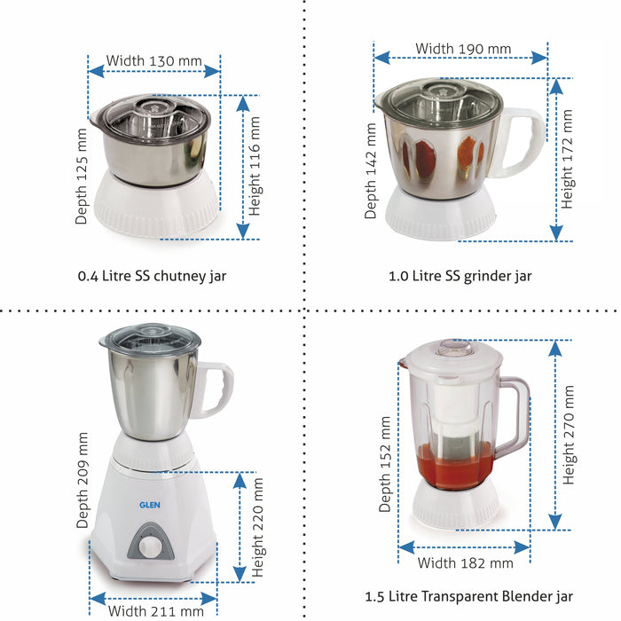 Mixer Grinder 750W with 1 Liquidiser Jar Fruit Filter 2 Stainless Steel Grinder, Chutney Jars - White (4026)