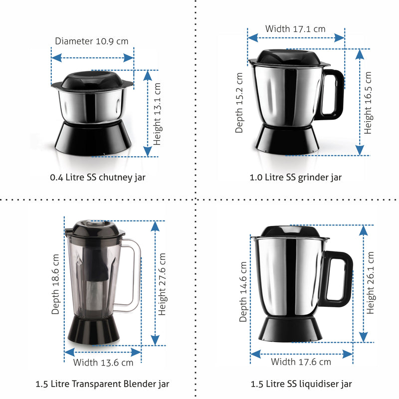 Mixer Grinder 750W 100% Copper Motor, 1 Transparent Jar, 3 Stainless Steel Jars, - Silver (4030 PLUS)