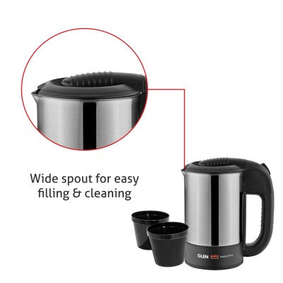 Electric Travel Kettle 0.5 Litre Stainless Steel 2 Plastic cups, Auto Shut-off 1000 W -Silver and Black (9013)