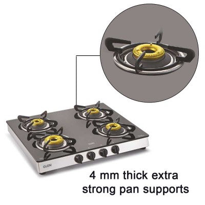 4 Burner Glass Gas Stove 1 High Flame 3 Forged Brass Burners 60 CM (CT1042GTFB) - Manual/Auto Ignition