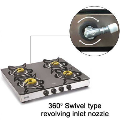 4 Burner Glass Gas Stove 1 High Flame 3 Forged Brass Burners 60 CM (CT1042GTFB) - Manual/Auto Ignition