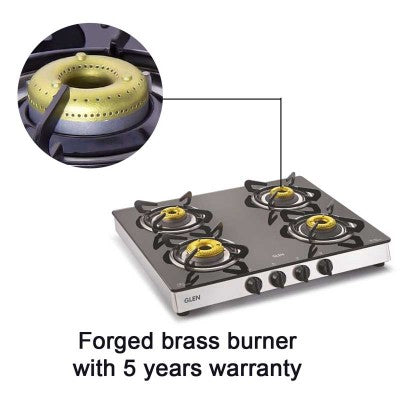 4 Burner Glass Gas Stove 1 High Flame 3 Forged Brass Burners 60 CM (CT1042GTFB) - Manual/Auto Ignition
