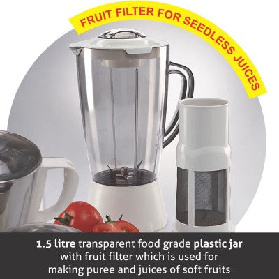 Mixer Grinder 750W 100% Copper Motor, 1 Transparent Jar, 3 Stainless Steel Jars, - White (4022 PLUS)