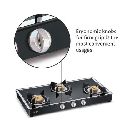 3 Burner Mirror Finish Glass Gas Stove with High Flame Forged Brass Burner Black (CT1038GTFBMBL) - Manual/Auto Ignition