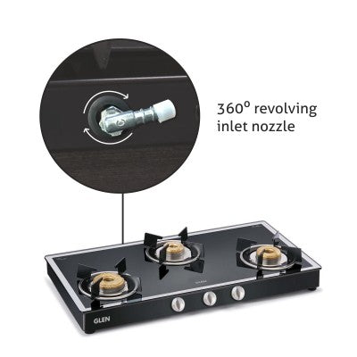 3 Burner Mirror Finish Glass Gas Stove with High Flame Forged Brass Burner Black (CT1038GTFBMBL) - Manual/Auto Ignition